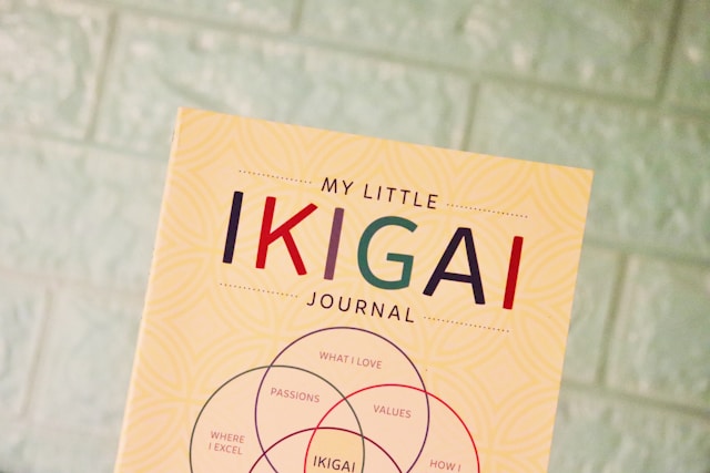 Foto eines Ikigai Journals als gebundenes Notizbuch mit Vorlagen