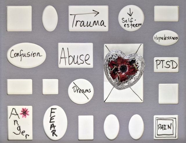 Beschriftete Steine u.a. mit den Worten "Trauma" und "Fear"